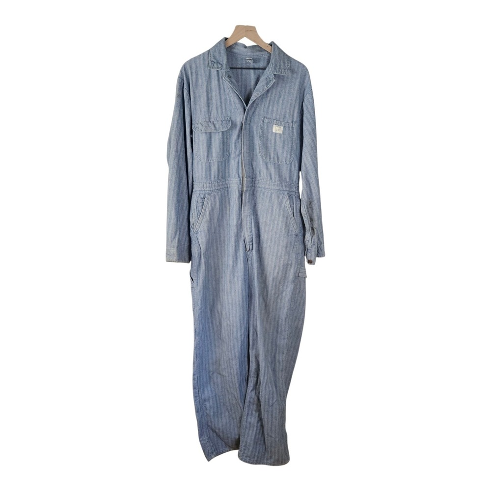Vintage Big Mac‎ Herringbone Stripe Coveralls Sz 42L Blue Work Wear Overalls